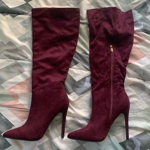 Velvet burgundy heeled boots